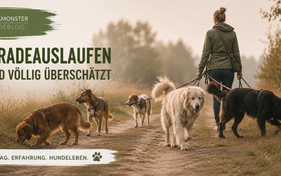 Mehrere Hunde schnüffeln und laufen in unterschiedliche Richtungen bei einem gemeinsamen Spaziergang