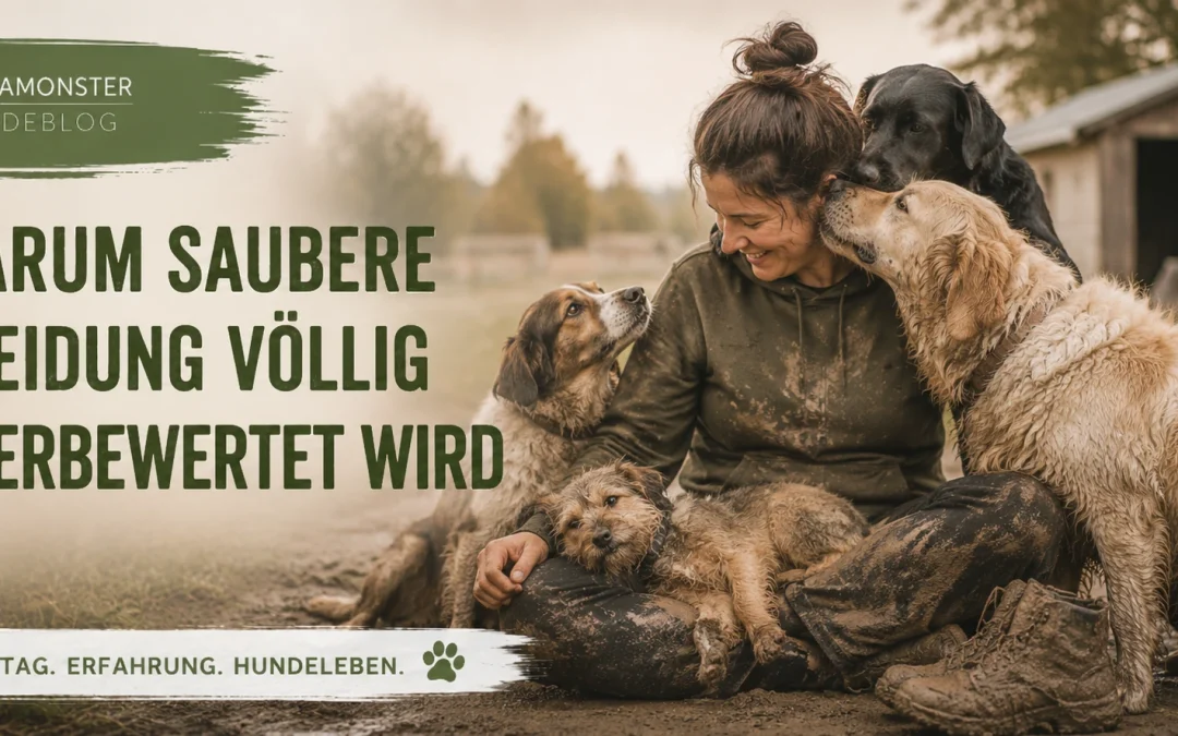 Frau sitzt in schmutziger Kleidung zwischen mehreren Hunden auf dem Gnadenhof